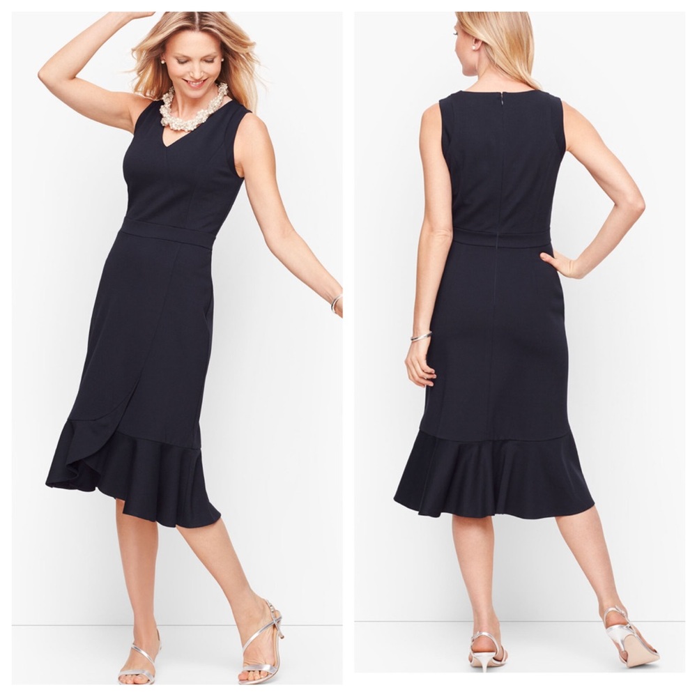 NWT! Talbots PONTE FLOUNCE HEM WRAP DRESS navy